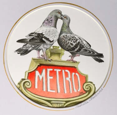 Painting titled "Métro-pigeons" by Isabelle Molinard, Original Artwork, Watercolor