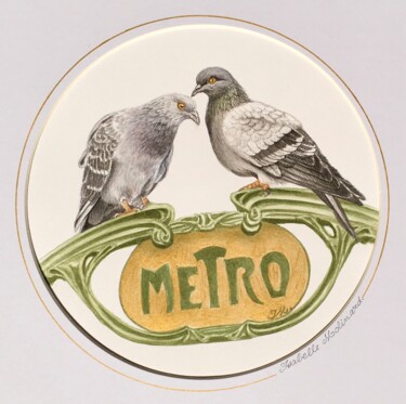 Painting titled "2 pigeons-métro" by Isabelle Molinard, Original Artwork, Watercolor