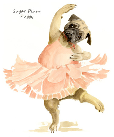 Painting titled "Sugar Plum Puggy" by Toffee Nose, Original Artwork, Watercolor