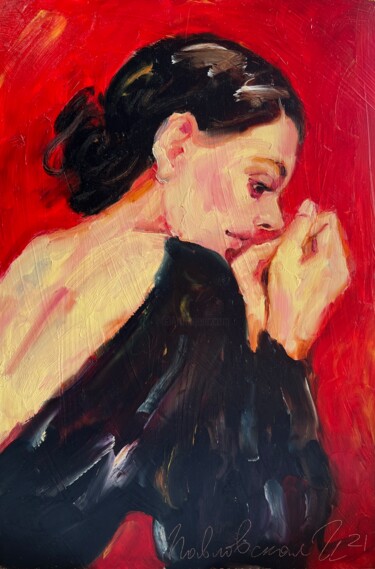 Ζωγραφική με τίτλο "Thinking about you" από Isolde Pavlovskaya, Αυθεντικά έργα τέχνης, Λάδι Τοποθετήθηκε στο Χαρτόνι