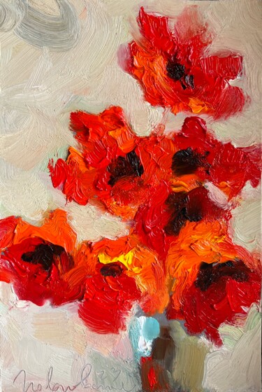 Malerei mit dem Titel "Poppies on beige" von Isolde Pavlovskaya, Original-Kunstwerk, Öl Auf Karton montiert