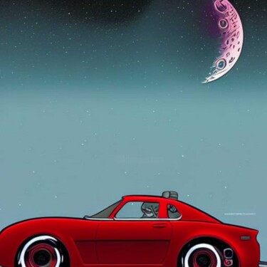 "Red Car and Moon" başlıklı Dijital Sanat Isra tarafından, Orijinal sanat, AI tarafından oluşturulan görüntü