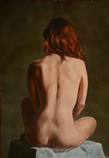 Painting titled "Nude from behind" by Istvan Cene Gal, Original Artwork, Oil Mounted on Wood Stretcher frame