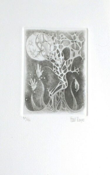 Druckgrafik mit dem Titel "A la luz de la luna" von Itzeel Reyes, Original-Kunstwerk, Gravur