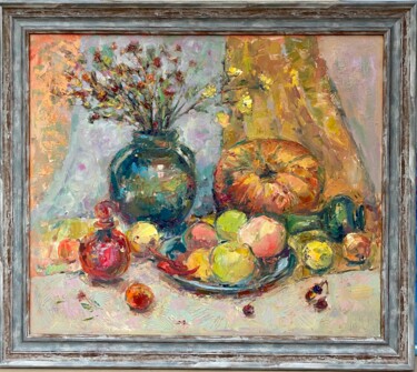 Painting titled "Still life with pum…" by Iuliia Abramoshvili, Original Artwork, Oil Mounted on Wood Stretcher frame