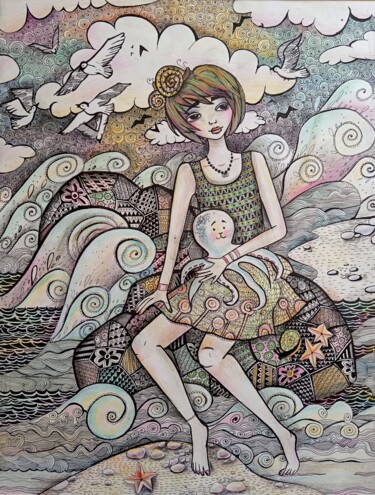 Drawing titled "Girl Kletska at sea" by Iuliia Potashova, Original Artwork, Gel pen