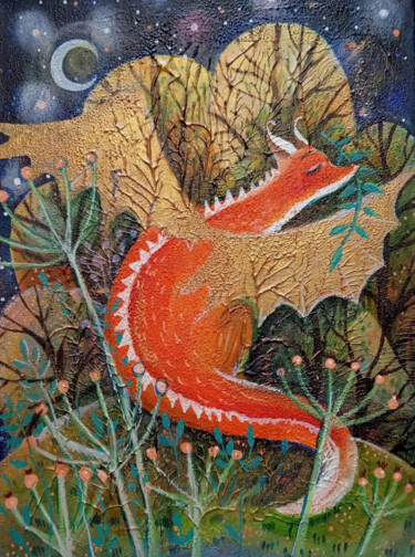 Painting titled "Dragonfox" by Iuliia Potashova, Original Artwork, Acrylic Mounted on Wood Stretcher frame