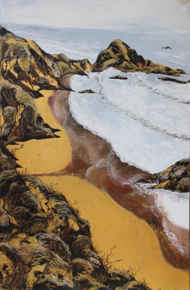 Malarstwo zatytułowany „016 Gold beach 2020” autorstwa Iuliia Serpilina, Oryginalna praca, Olej Zamontowany na Drewniana ram…