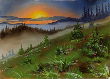 Painting titled "morning mountain mi…" by Ivan Lendel, Original Artwork, Oil