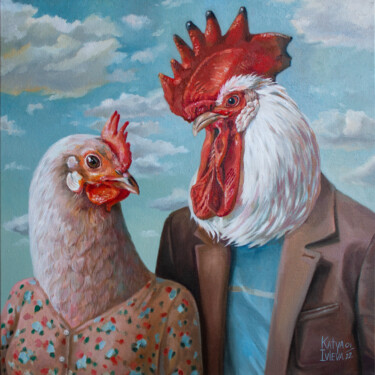 Pintura titulada "Chicken and cockerel" por Katya Ivleva, Obra de arte original, Oleo Montado en Bastidor de camilla de made…