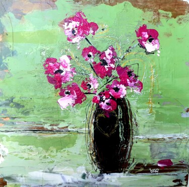 Schilderij getiteld "Rose de printemps" door Iza, Origineel Kunstwerk, Acryl Gemonteerd op Frame voor houten brancard