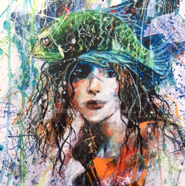 Pintura intitulada "Green Fish Hat" por Izabela Rostkowska, Obras de arte originais, Acrílico