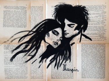 Drawing titled "L’Amour en Pages" by J. Kaspin, Original Artwork, Ink