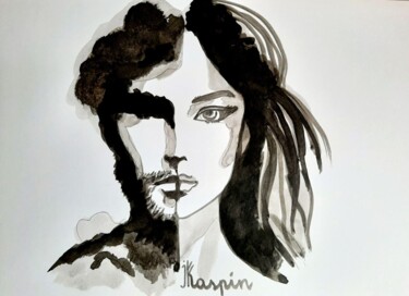 Drawing titled "Dualité humaine" by J. Kaspin, Original Artwork, Ink