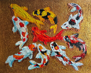 Malerei mit dem Titel "Dance of the Koi" von J. Woko, Original-Kunstwerk, Acryl