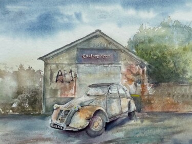 Schilderij getiteld "La 2 cv devant la c…" door Jacky Bellaguet, Origineel Kunstwerk, Aquarel