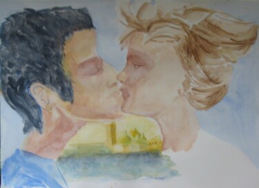 Pittura intitolato "baiser brun et blon…" da Jacqueline Claux (Jaklinclo), Opera d'arte originale, Acquarello