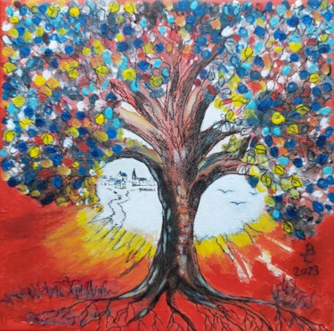 Painting titled "L'arbre" by Jacqueline Clermont (Jbc35), Original Artwork, Acrylic Mounted on Wood Stretcher frame