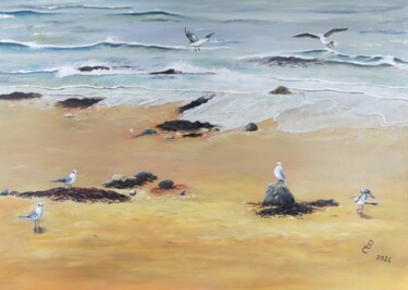 Peinture intitulée "La plage des mouett…" par Jacqueline Clermont (Jbc35), Œuvre d'art originale, Acrylique Monté sur Châssi…