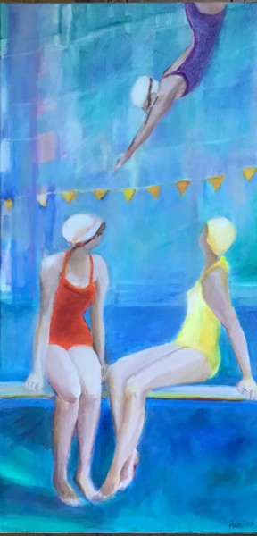 Painting titled "Les belles nageuses…" by Jacqueline Flumian, Original Artwork, Oil