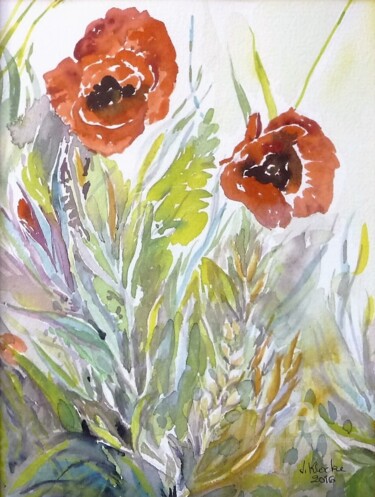 Painting titled "Coquelicots 1" by Jacqueline Klocke, Original Artwork, Watercolor