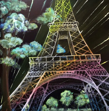 Painting titled "Paris-Arbres" by Jacqueline Klocke, Original Artwork, Acrylic Mounted on Wood Stretcher frame