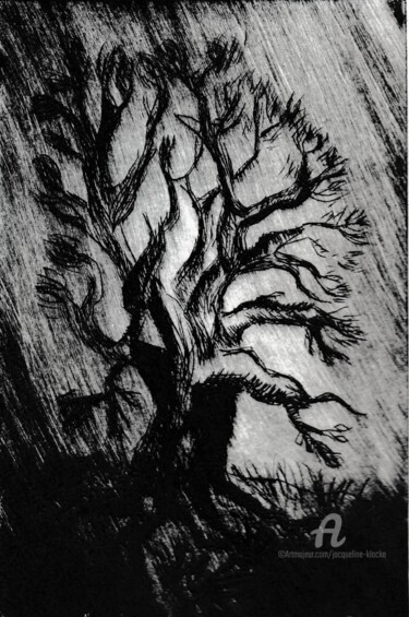 Printmaking titled "Arbre battu de plui…" by Jacqueline Klocke, Original Artwork, Engraving