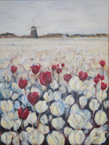 Painting titled "Champ de tulipes" by Jacqueline Vandrebeck, Original Artwork, Acrylic Mounted on Wood Stretcher frame