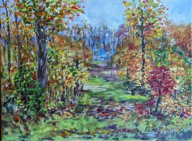 Painting titled "Foret en automne" by Jacqueline Vandrebeck, Original Artwork, Acrylic Mounted on Wood Stretcher frame