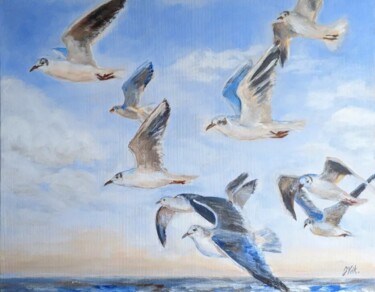 Painting titled "Les mouettes" by Jacqueline Vandrebeck, Original Artwork, Acrylic Mounted on Wood Stretcher frame