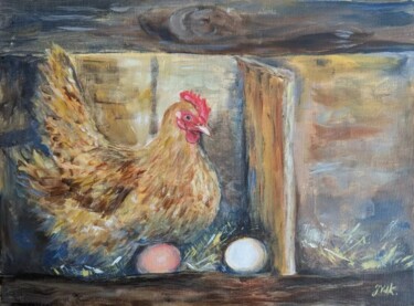 Painting titled "Poule" by Jacqueline Vandrebeck, Original Artwork, Acrylic Mounted on Wood Stretcher frame