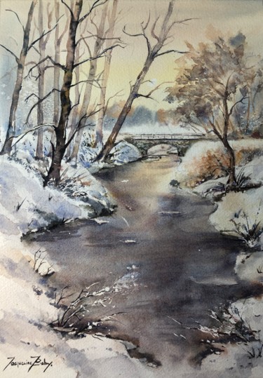 Malerei mit dem Titel "Matin d'hiver" von Jacqueline Baby, Original-Kunstwerk, Aquarell Auf Karton montiert