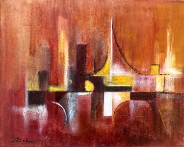 Painting titled "City" by Jacqueline Baby, Original Artwork, Acrylic Mounted on Wood Stretcher frame