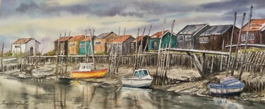 Painting titled "Les cabanes en coul…" by Jacqueline Baby, Original Artwork, Watercolor Mounted on Glass