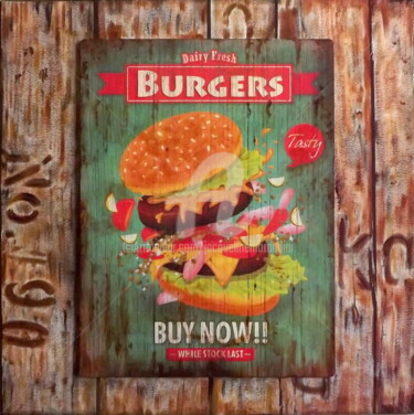 Collages titled "Taste "The Burgers"…" by Jacqueline Morandini, Original Artwork, Collages Mounted on Wood Stretcher frame