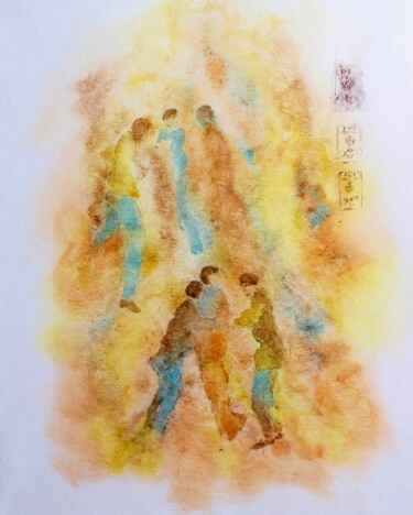 Painting titled "Dialogues avec l'an…" by Jacqueline Pascaud, Original Artwork, Watercolor Mounted on Wood Stretcher frame