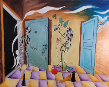 Painting titled "Escapade d'humanist…" by Jacques Chazel, Original Artwork, Oil Mounted on Wood Stretcher frame