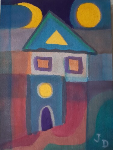 Schilderij getiteld "Lunes et maison" door Jacques Desvaux (JD), Origineel Kunstwerk, Acryl