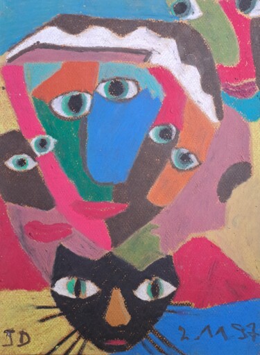 Peinture intitulée "Le Chat de Famille" par Jacques Desvaux (JD), Œuvre d'art originale, Pastel