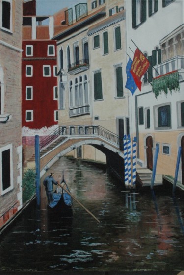 Painting titled "Venise les canaux 2" by Jacques Dolley, Original Artwork, Oil Mounted on Wood Stretcher frame