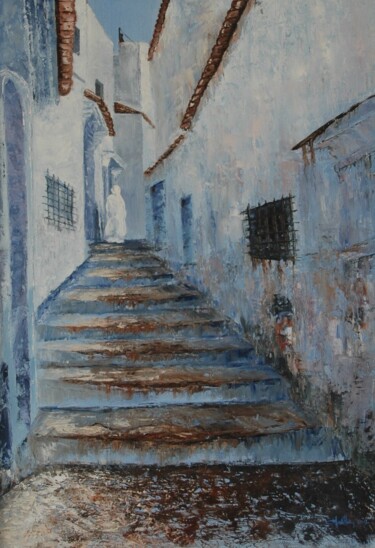 Painting titled "Ruelle à Chefchaoue…" by Jacques Dolley, Original Artwork, Acrylic Mounted on artwork_cat.
