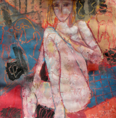 「Jeune fille nue ass…」というタイトルの絵画 Jacques Donneaudによって, オリジナルのアートワーク, グワッシュ水彩画