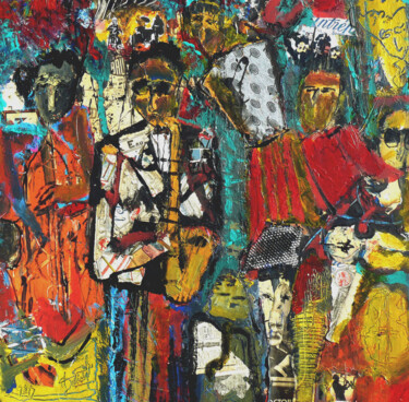 Collages titled "BLACK JAZZ ORCHESTRA" by Jacques Donneaud, Original Artwork, Collages Mounted on Wood Stretcher frame