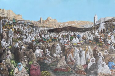 Painting titled "Marché oriental" by Jacques Moncho (Art d'antan), Original Artwork, Oil Mounted on Wood Stretcher frame