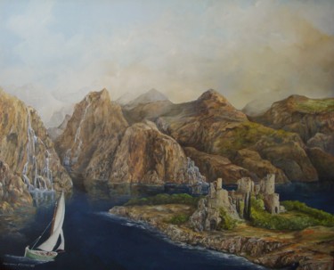 Painting titled "Ile sur lac" by Jacques Moncho (Art d'antan), Original Artwork, Oil Mounted on Wood Stretcher frame