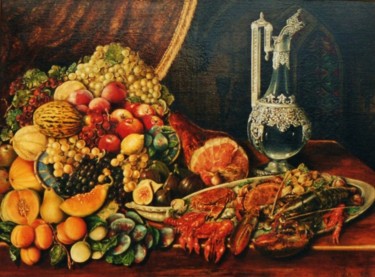 Malarstwo zatytułowany „Fruits et crustacés” autorstwa Jacques Moncho (Art d'antan), Oryginalna praca, Olej
