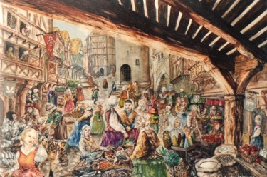 Painting titled "Marché médieval" by Jacques Moncho (Art d'antan), Original Artwork, Oil