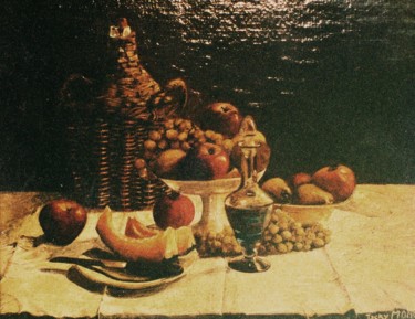 Peinture intitulée "Des fruits, du vin.…" par Jacques Moncho (Art d'antan), Œuvre d'art originale, Huile