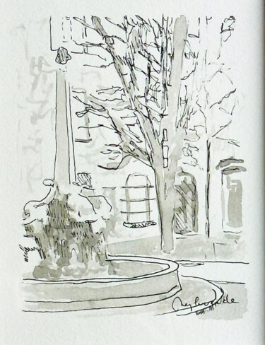 Dibujo titulada "Aix, place des 4 da…" por Jacques Peyrelevade, Obra de arte original, Tinta Montado en Cartulina