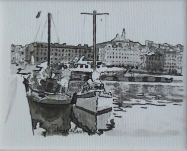 Rysunek zatytułowany „Marseille, voiliers…” autorstwa Jacques Peyrelevade, Oryginalna praca, Inny Zamontowany na Karton